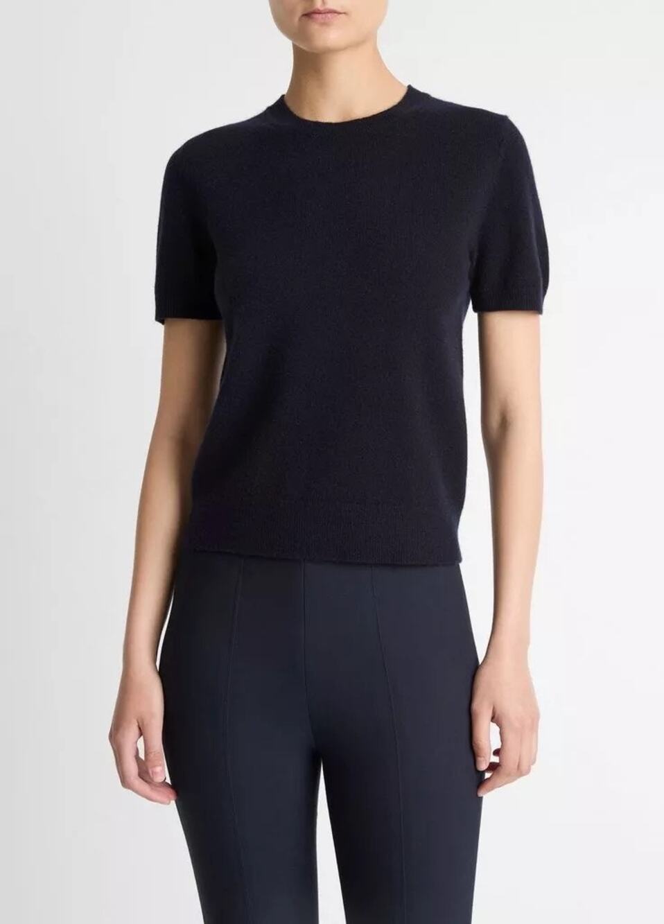 Vince wool-cashmere blend short-sleeve crewneck sweater in Costal Blue MSRP $298